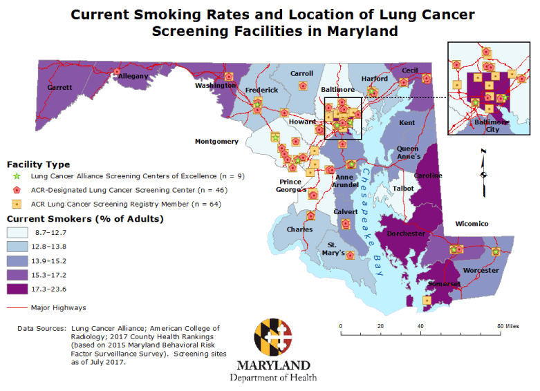 17_0434_01 This map displays the locations of lung cancer screening facilities in Maryland and the estimated target population for lung cancer screening in each jurisdiction, based on current smoking rates (for 2015). Each location may have 1, 2, or all 3 types of screening facilities. Of the 119 screening facilities, 68 were unique. This map informed the Maryland Department of Health’s lung cancer screening pilot program by providing estimates of the eligible population for lung cancer screening by jurisdiction and showing areas with existing resources for lung cancer screening. Map created by Lisa D. Gardner on July 26, 2017. Abbreviation: ACR, American College of Radiology.