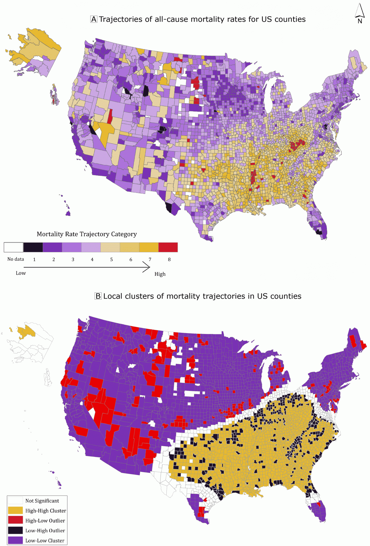 18_0486_02 Trajectories of age-adjusted all-cause mortality in US counties using group-based trajectory models, 1999–2016. The outcome measure used to generate rate trajectories was the yearly, age-adjusted, all-cause mortality rate of the county. Panel A: Trajectories of all-cause mortality rates for US counties. Panel B: Local clusters of mortality trajectories in US counties detected by using local indicators of spatial association (LISA). The 4 categories of significant spatial clusters (P < .05): 1) high–high clusters representing all counties with high mortality, the worst trajectory group; 2) high–low outliers representing counties in the worst trajectory groups near counties in the most favorable trajectory groups (at-risk counties doing worse than those around them); 3) low–high outliers representing counties in the best trajectory groups near counties in the worst trajectory groups (resilient counties doing better than those around them); and 4) low–low clusters of counties in the most favorable trajectory groups. Source: 1999–2016 Compressed Mortality File, Centers for Disease Control and Prevention (14).
