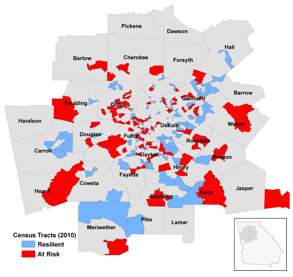 18_0505_01 Study region of the Morehouse–Emory Cardiovascular Center for Health Equity project conducted in the Atlanta, Georgia, metropolitan area with 2010 census tract boundaries. Resilient and at-risk census tracts identified by the residual percentile method are indicated.