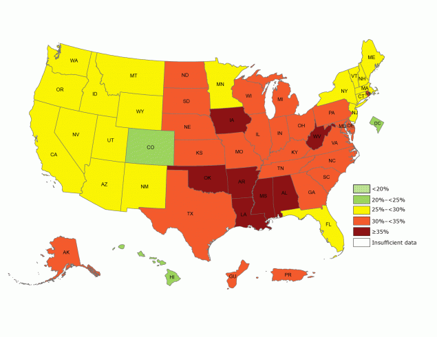 18_0579_01 Prevalence of self-reported obesity among US adults, by state and territory, Behavioral Risk Factor Surveillance System (BRFSS), 2017. Obesity was defined as a body mass index of 30 or higher based on self-reported weight in kilograms divided by the square of the height in meters. Prevalence estimates reflect changes in BRFSS methods that started in 2011. These estimates should not be compared to prevalence estimates before 2011. No area had a prevalence of <20%26#37;, and all had sufficient data to determine prevalence.