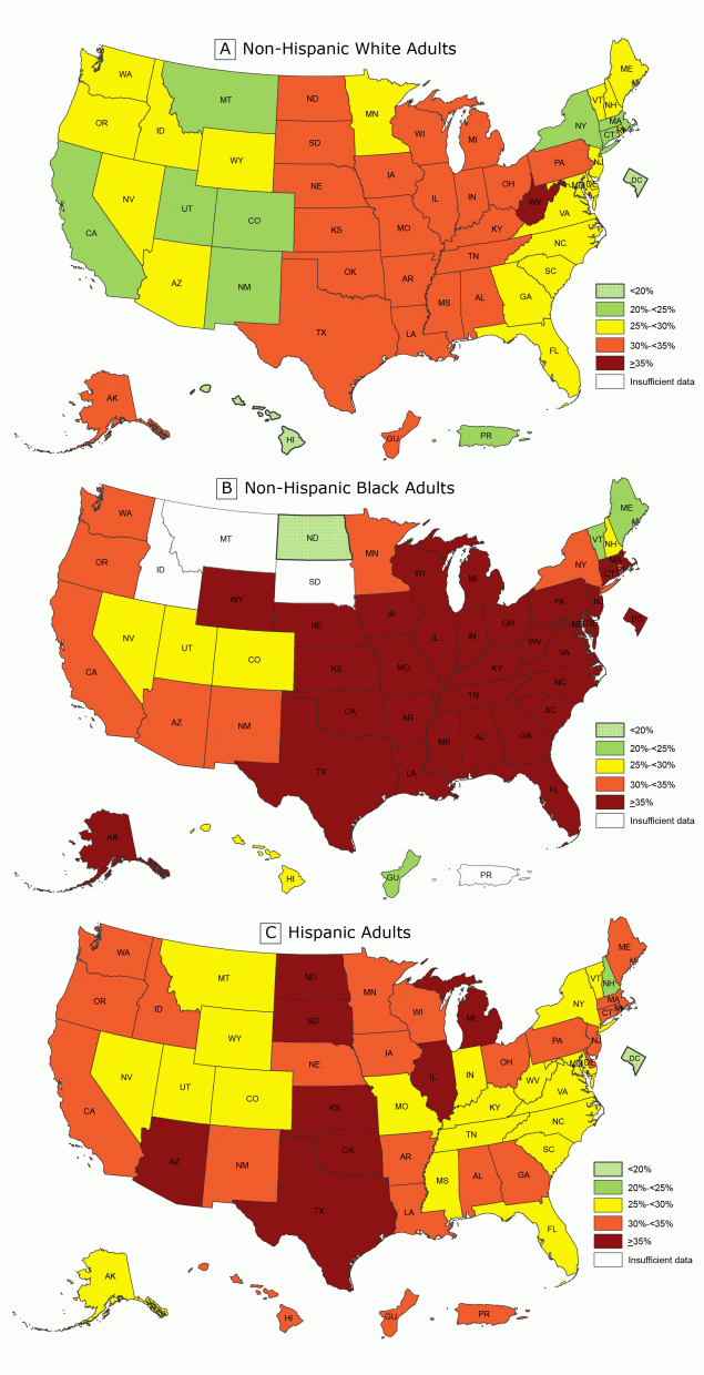 18_0579_02 Prevalence of self-reported obesity among non-Hispanic white, non-Hispanic black, and Hispanic adults, by state and territory, Behavioral Risk Factor Surveillance System, 2015–2017. Obesity was defined as a body mass index of 30 or higher based on self-reported weight in kilograms divided by the square of the height in meters. Prevalence estimates reflect changes in BRFSS methods that started in 2011. These estimates should not be compared to prevalence estimates before 2011. Areas are indicated as having insufficient data if they had a sample size of less than 50 or a relative standard error (dividing the standard error by the prevalence) of 30%26#37; or more.