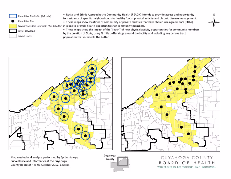 GIS map generated by Cuyahoga County Health Department to map locations of community facilities with shared-use agreements for chronic disease self-management workshops and active living activities and populations within a half mile of those facilities.