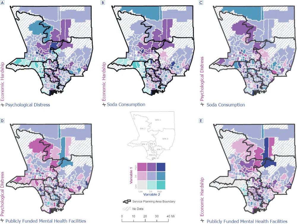 19_0138_02 Geospatial comparison of community-level economic hardship, soda consumption, psychological distress, and availability of publicly funded mental health facilities in Los Angeles County, 2014–2018. Abbreviation: Int, intermediate.