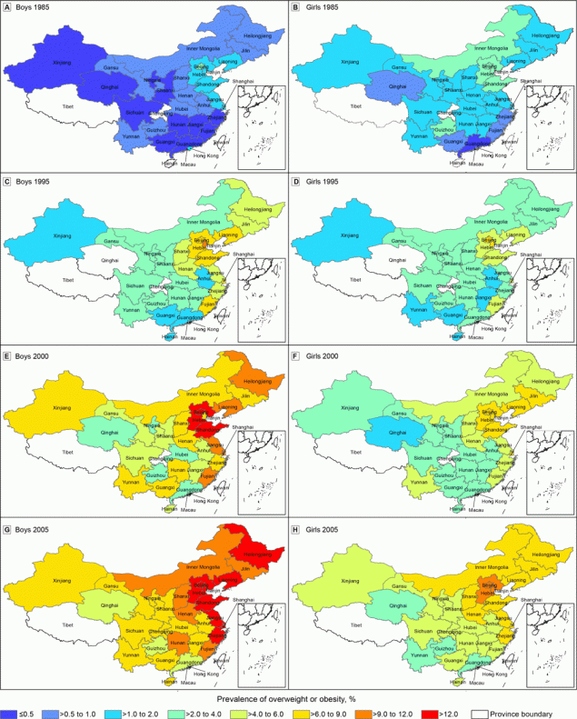 19_0290_01 Differences in the prevalence of overweight/obesity among children and adolescents in the 30 mainland provinces of China in 1985, 1995, 2000, and 2005. Data were stratified by sex and year. Data were derived from 4 waves of the Chinese National Survey on Student’s Constitution and Health (5). Areas with no color were not included in the survey. Overweight/obesity was defined as body mass index ≥85th percentile (6).