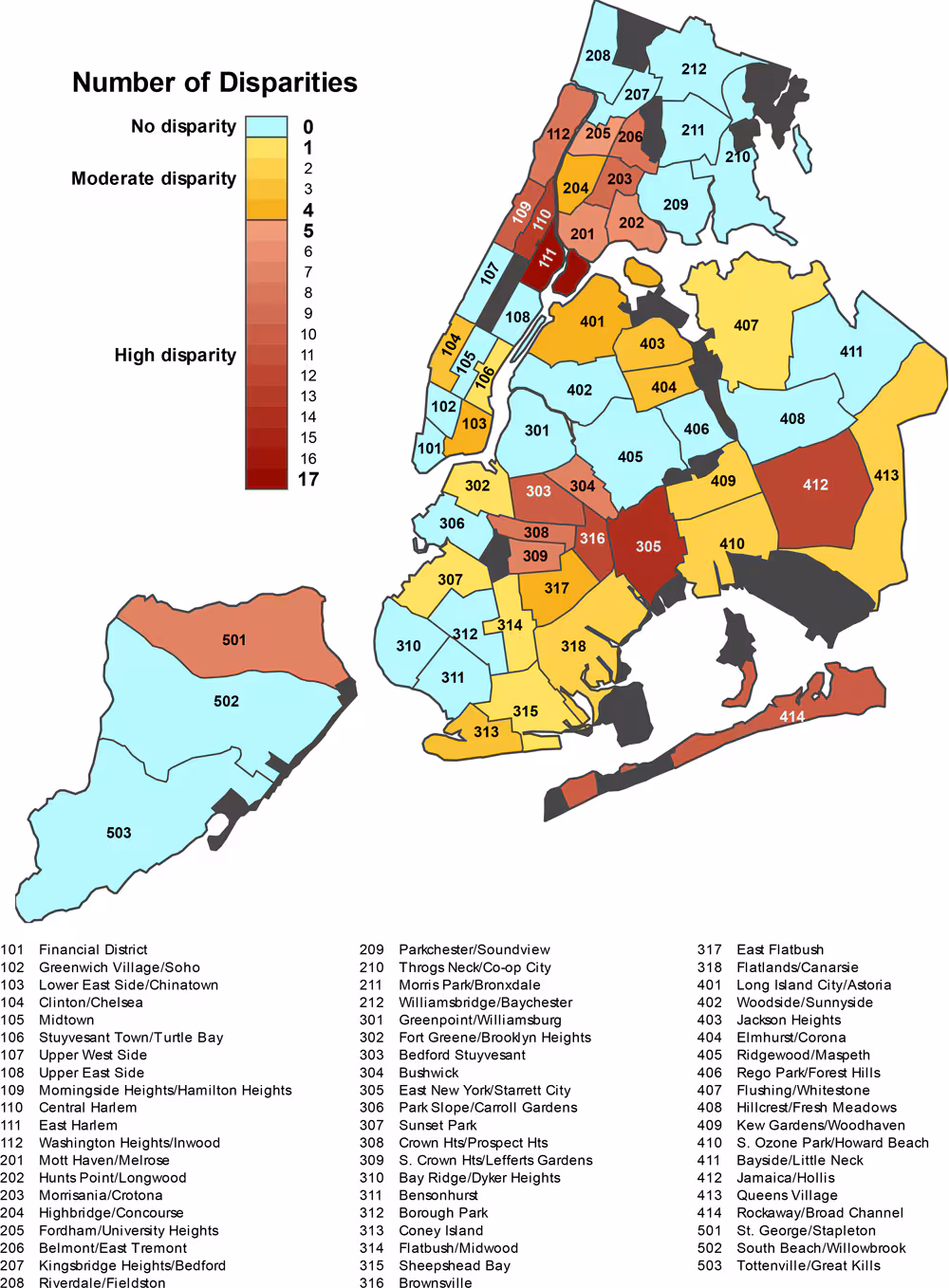 Map of New York City community districts by number of disparities relative to their borough. The map shows the 59 community districts and the disparity group of each district. Within the moderate and high disparity groups, darker colors indicate community districts with a greater number of health disparities.