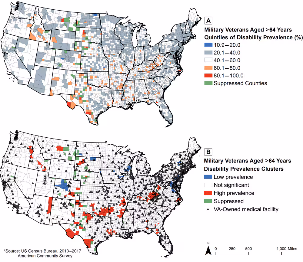 19_0340_01 Prevalence of disability among older (aged >64 years) military veterans in US counties. Map A shows county-level prevalence of disability among older US veterans from 2013–2017. Map B shows county clusters of disability prevalence among older US veterans and their location from VA-owned medical facilities. Abbreviation: VA, US Department of Veterans Affairs.