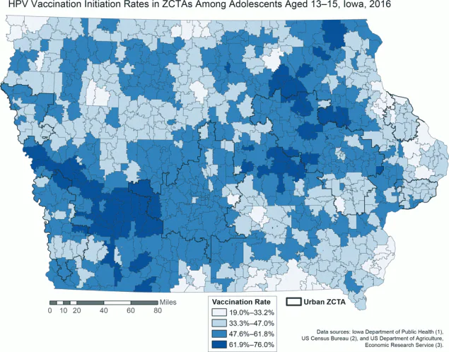 19_0350_01 Covariate-adjusted initiation rates for human papillomavirus vaccination in zip code tabulation areas (ZCTAs) among adolescents aged 13 to 15, Iowa, 2016. Rates were spatially smoothed to account for small populations. The state-level mean vaccination rate for all ZCTAs was 47.9%26#37; (range, 0%26#37;–100%26#37;; standard deviation, 16.2%26#37;). All ZCTAs have initiation rates below the Healthy People 2020 target of 80%26#37; completion. Urban ZCTAs are indicated in black outlines. Vaccination initiation rates exhibit no clear association with location. Data sources: Iowa Department of Public Health (1), US Census Bureau (2), and US Department of Agriculture, Economic Research Service (3). Abbreviation: ZCTA, zip code tabulation area.