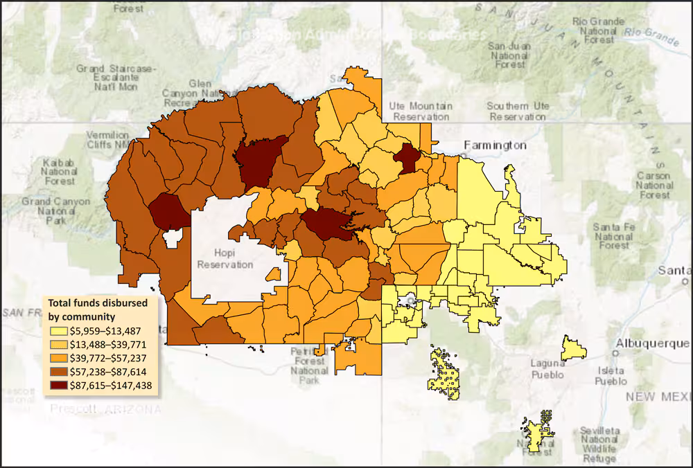 20_0038_02 Map of Navajo Nation administrative boundaries shows funds disbursed from the Navajo Nation Healthy Diné Nation Act tax on foods of minimal-to-no nutritious value to each Navajo Nation community, 2016–2019 (10,11). Sources: Administrative boundary data from the Navajo Abandoned Uranium Mines project. The map includes Agencies, Districts, Chapters, and Abandoned Uranium Mine Regions of the Navajo Nation. Outlying areas are compiled from several data providers, including the US Geological Survey, US Environmental Protection Agency, US National Park Service, Food and Agriculture Organization of the United Nations, Department of Natural Resources Canada, Geo Base, Agriculture and Agri-Food Canada, Garmin, HERE, Esri, OpenStreetMap contributors, and the GIS User Community. For more information on this map, visit http://goto.arcgisonline.com/maps/World_Topo_Map.