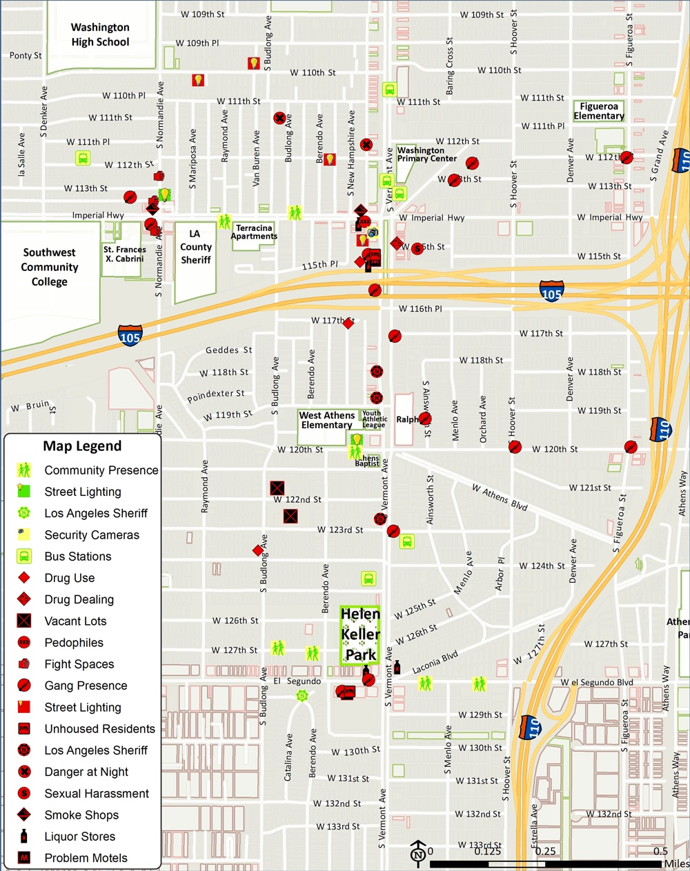 20_0123_02 Digitized participatory geographic information systems map of community park access assets and challenges, South Los Angeles, 2015.