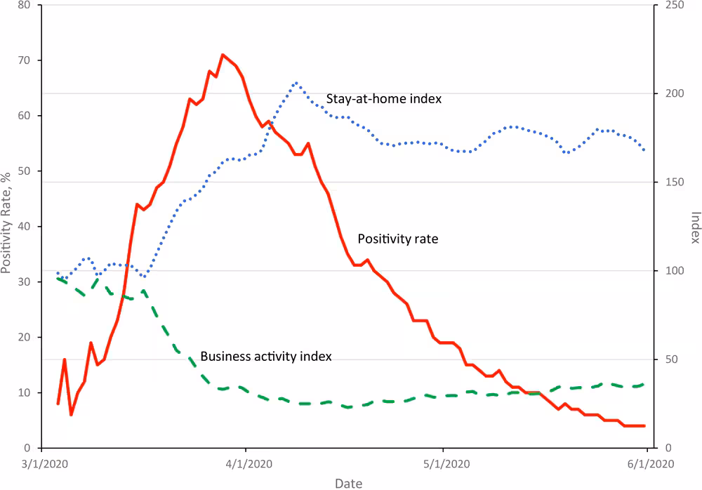 Citywide trends in the positivity rate for severe acute respiratory syndrome coronavirus 2 (SARS-CoV-2) and business activity and stay-at-home indices, New York City, March 3–May 31, 2020. The positivity rate gives the percentage of daily tests that had a positive result; the business activity index gives the number of visitors to points of interest (such places as stores, restaurants, parks, hospitals, or museums) in a zip code; and the stay-at-home index counts the number of smartphone devices that did not leave their home location. Both indices are averaged across zip codes (weighted by population), are lagged 3 to 7 days before the day of the test, and are normalized to equal 100 in the prepandemic period of February 4 through 6.