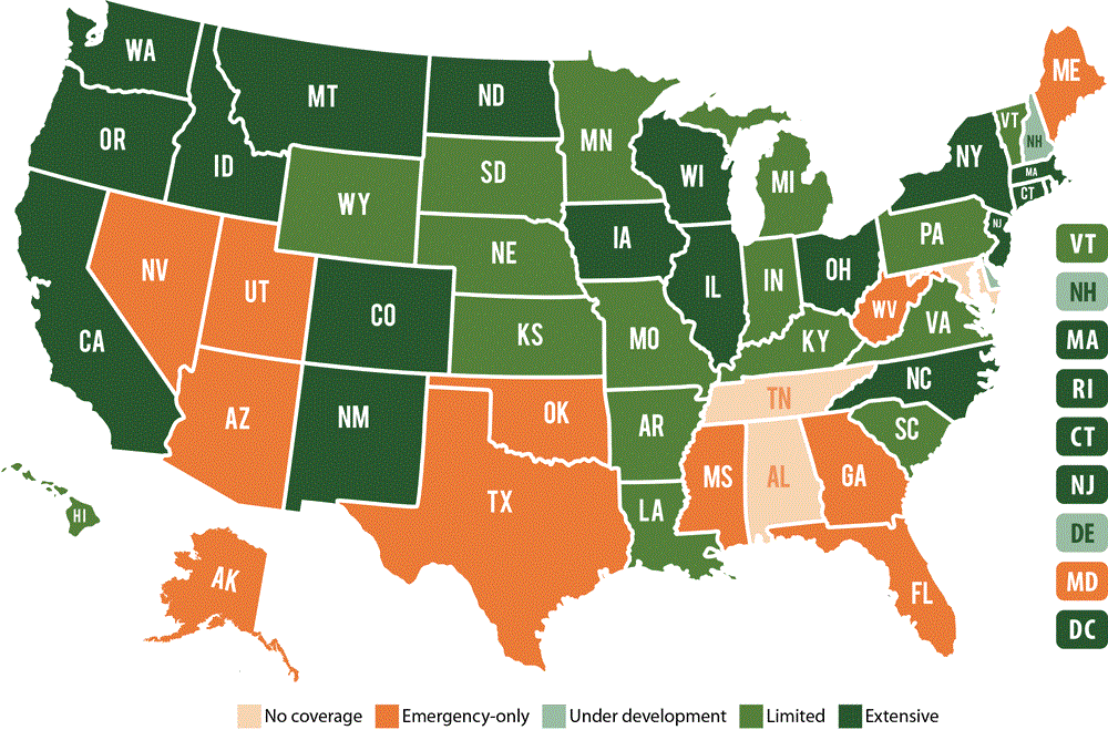 20_0266_01 Extent of Medicaid adult dental benefits, by state. Source: Center for Health Care Strategies (46).