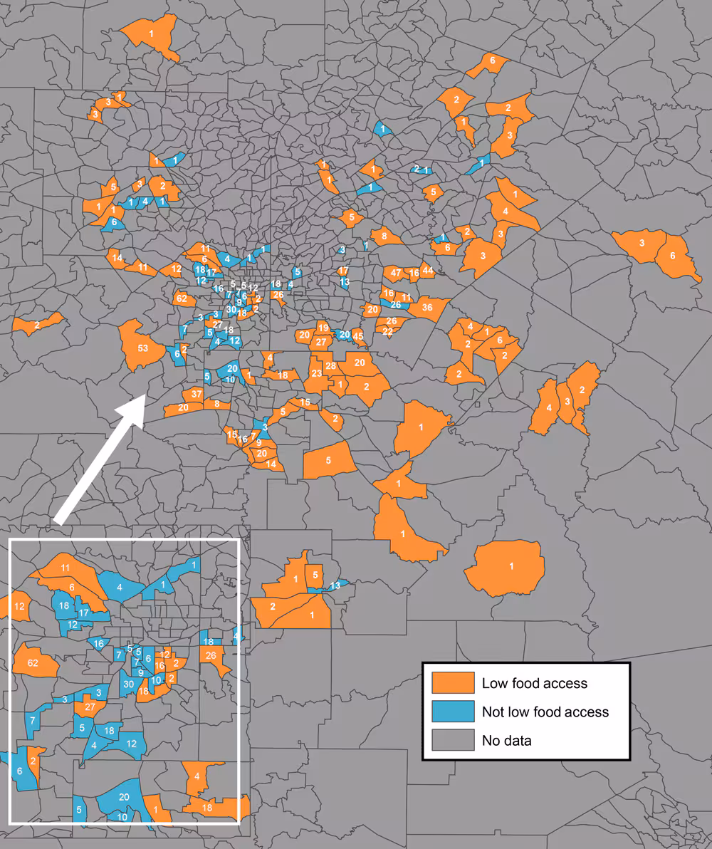 20_0316_01 Objectively measured levels of food access, by 2010 census tract boundaries, in metropolitan Atlanta, Georgia. Only census tracts in which participants in the Morehouse–Emory Cardiovascular Center for Health Equity Study (indicated by the numbers inside census tracts) resided were examined for food access. “Low food access” refers to census tract areas that had objectively measured low levels of access to healthy foods, and “not low food access” refers to census tracts areas that had objectively measured high levels of access to healthy foods. The US Department of Agriculture Food Access Research Atlas classifies urban census tracts as having low levels of access to healthy foods when ≤500 people or 33%26#37; of the census tract population resides 1 mile or more from a large grocery store, supercenter, or supermarket (22). Inset shows the city of Atlanta.