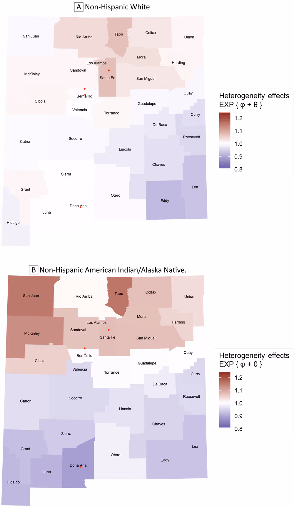 20_0468_03 Exponentiated sum of the posterior average county-level heterogeneity effects obtained from the proposed model. Map A gives the results for non-Hispanic White women and Map B gives the results for non-Hispanic American Indian/Alaska Native women. Red diamonds depict major cites (Albuquerque in Bernalillo County, Las Cruces in Dona Ana County, Rio Rancho in Sandoval County, and Santa Fe in Santa Fe County).