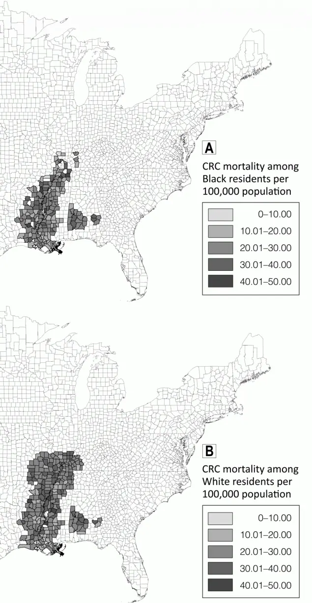 20_0483_01 Colorectal cancer mortality rates per 100,000 population among A, Black residents and B, White residents in counties in the Mississippi Delta Region, 1999–2018. Map created using ESRI ArcGIS version 10.5.1. Abbreviation: CRC, colorectal cancer.