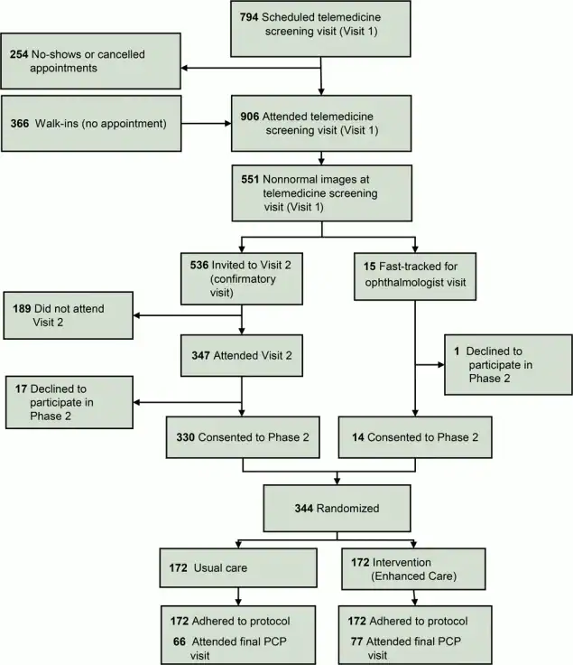 20_0567_01 Flow chart describing the Philadelphia Telemedicine Glaucoma Detection and Follow-up Study, indicating participant inclusion, exclusion, and randomization to the usual care group or enhanced intervention group.