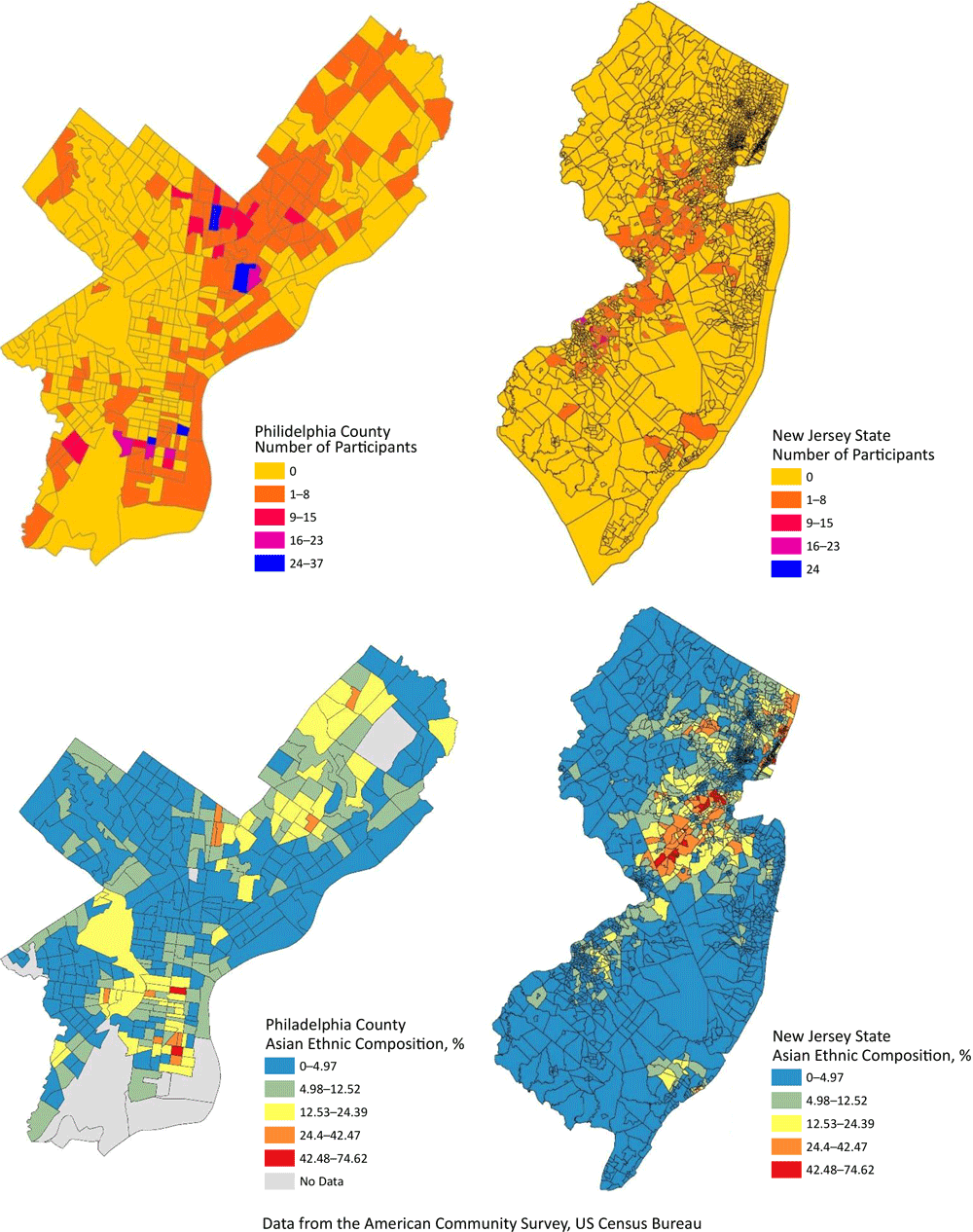 21_0062_01 Asian ethnic composition in Philadelphia County and New Jersey census tracts. Data from the American Community Survey, US Census Bureau.