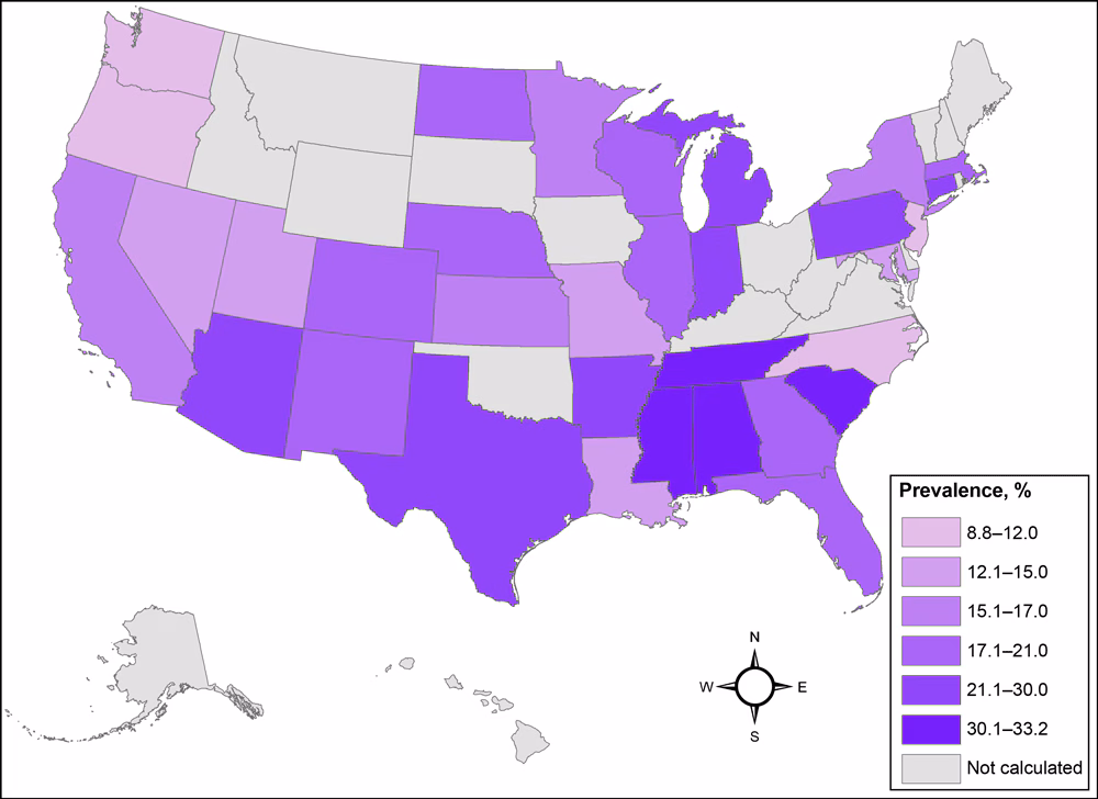 21_0094_2 Prevalence of severe obesity in the All of Us Research Program, calculated BMI of 35 kg/m2 or above, based on physical measurement data. Prevalence estimates were not calculated for states with fewer than 100 participants.