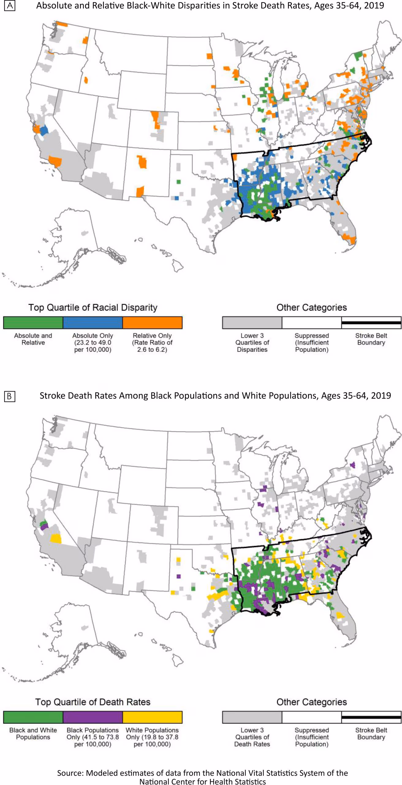 Absolute and relative Black–White disparities in stroke death rates for people aged 35 to 64 years, 2019 (Map A), and stroke death rates for Black populations and White populations for people aged 35 to 64 years, 2019 (Map B). Source: National Center for Health Statistics.