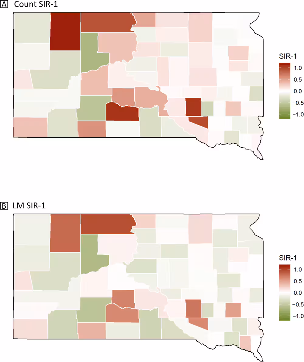 22_0113_02 Map A shows the predicted breast cancer mortality rate of South Dakota counties, accounting for age-adjustment of the data, and Map B shows the predicted breast cancer mortality rate of South Dakota counties, accounting for age-adjustment, incidence rate, and educational attainment. Abbreviation: SIR, standardized incidence ratio. Map Sources: South Dakota State Cancer Registry, South Dakota Department of Health (12), Holzhauser et al (13), and the US Census Bureau (8).