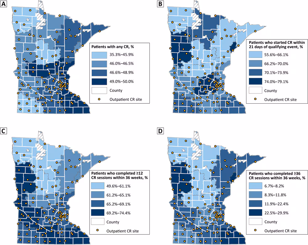 22_0324_01 Initiation, participation, and completion of cardiac rehabilitation among adults aged ≥18 years in Minnesota, by 3-digit zip code regions, 2017–2018. Hash marks indicate areas not covered by zip codes.