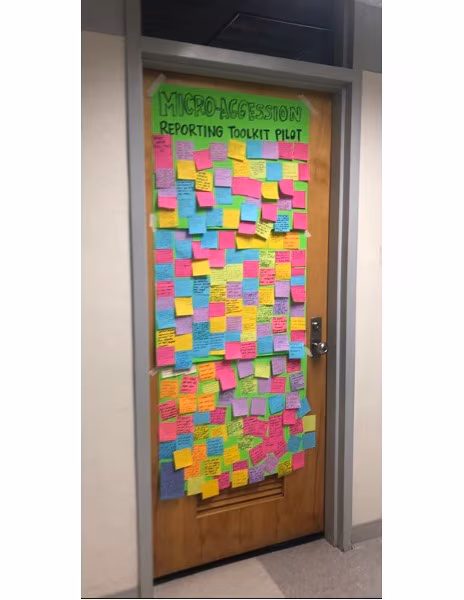 22_0368_01 Signed Post-it notes documenting the experiences of microaggression among racial and ethnic minority students as a call to action, Department of Health Behavior, University of North Carolina Gillings School of Global Public Health, 2020. Students placed these notes on the door of the chair of the Department of Health Behavior to highlight their perceptions and lived experiences. This information became part of the input that was thematically organized by students and later incorporated in the Equity Action and Accountability Plan.