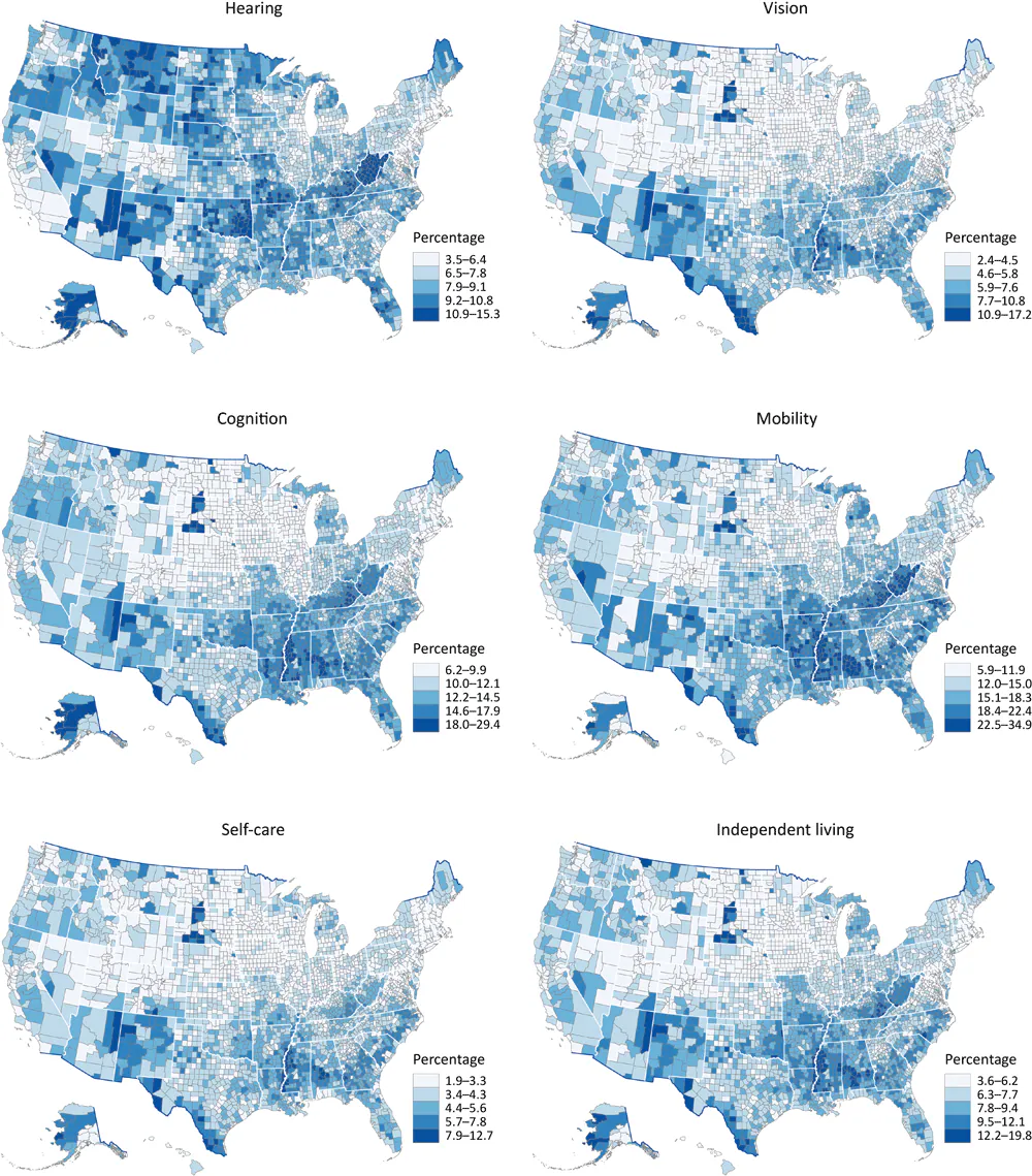 23_0004_01 County-level model-based estimates among adults aged ≥18 years by disability type, United States, 2018. Maps were classified into 5 classes by using Jenks natural breaks. Data sources: Behavioral Risk Factor Surveillance System 2018 (10), US Census Bureau (15,16).