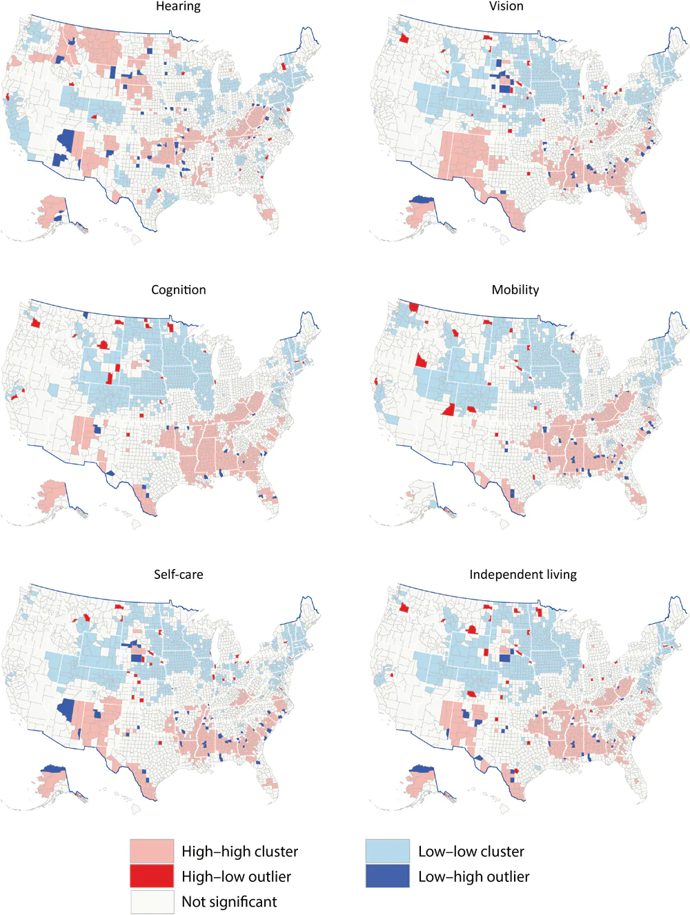 23_0004_02 Cluster-outlier for model-based estimates among adults aged ≥18 years by functional disability type and county, United States, 2018. Data sources: Behavioral Risk Factor Surveillance System 2018 (10), US Census Bureau (15,16).