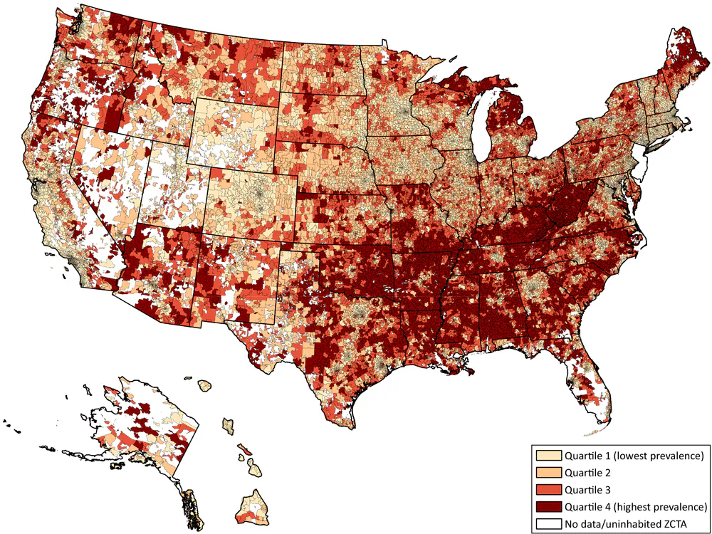 23_0267_02 Choropleth map of the US showing the geographic distribution of chronic disease prevalence scores by quartile across Zip Code Tabulation Areas (ZCTAs). Chronic disease prevalence scores ranged from 0 to 20 with a score of 0 meaning the ZCTA was in the 25th percentile and a score of 20 meaning the ZCTA was in the 75th percentile of prevalence for each chronic disease examined.