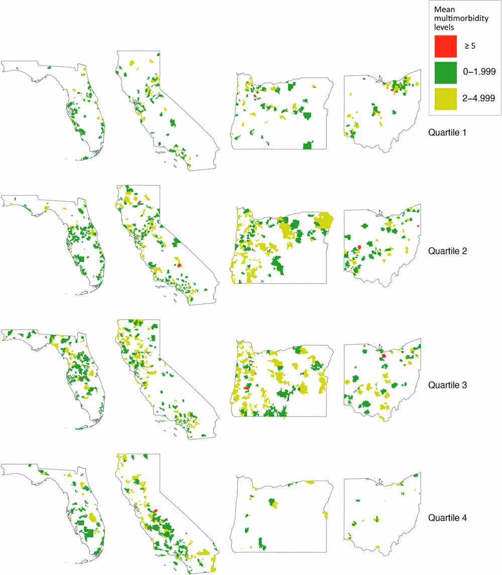 24_0060_02 Distribution of mean multimorbidity levels by ZCTA for selected states (Florida, California, Oregon, and Ohio) and Social Deprivation Index quartiles. Source: ADVANCE Clinical Research Network (14), 2012–2019. Abbreviations: SDI, Social Deprivation Index; ZCTA, zip code tabulation area.