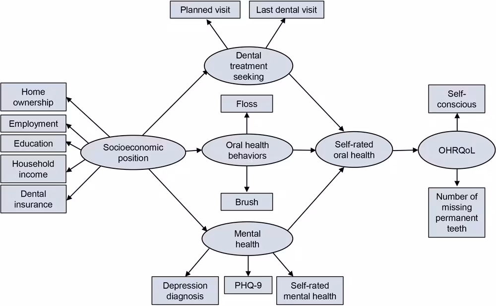 24_0097_01 Theoretical model of proposed pathways linking socioeconomic position, dental treatment seeking, oral health behaviors, mental health, and self-rated oral health with OHRQoL. Abbreviations: PHQ-9, Patient Health Questionaire-9; OHRQoL, oral health–related quality of life.