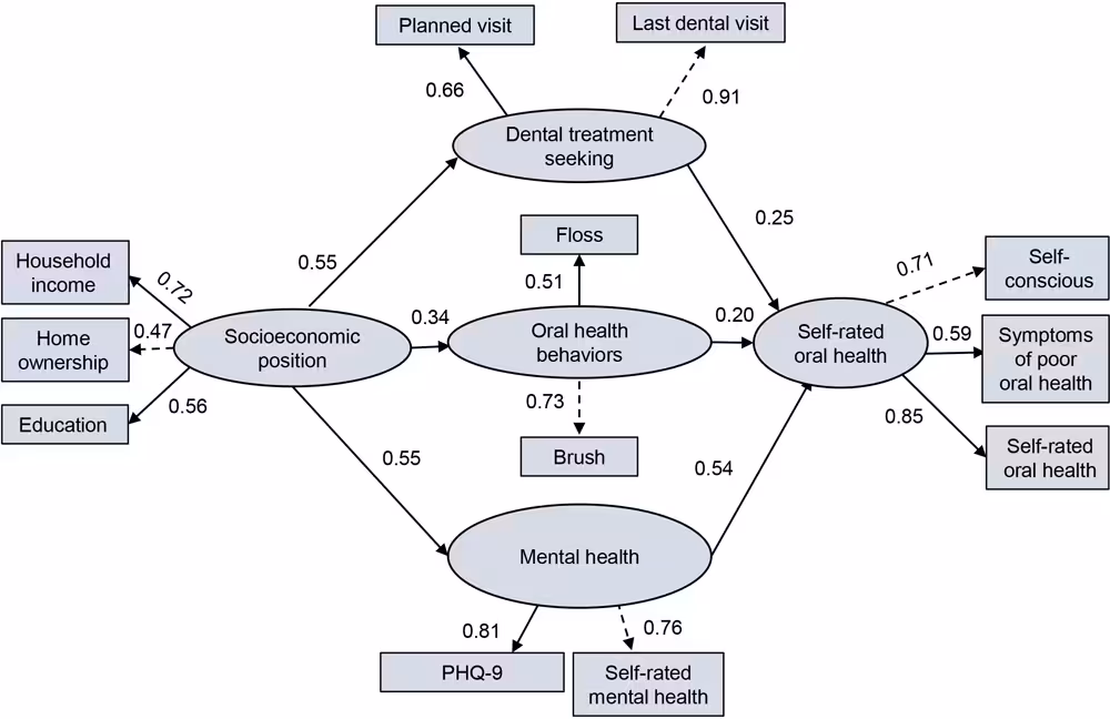 24_0097_02 Final model with standardized parameter estimates of pathways linking socioeconomic position (SEP), dental treatment seeking, oral health behaviors, and mental health with self-rated oral health. Dotted lines indicate fixed parameter factor loading. Solid lines indicate predictive relationships between variables and that changes in the predictor variable are associated with changes in the outcome variable. Abbreviations: PHQ-9, Patient Health Questionaire-9; OHRQoL, oral health–related quality of life.