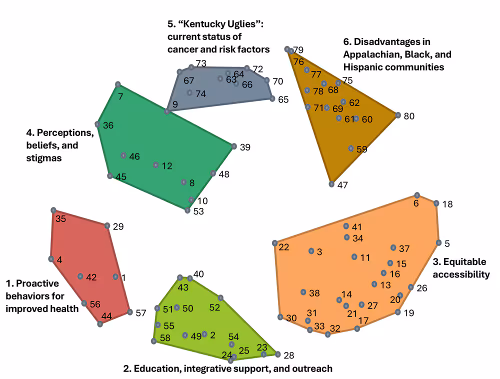 Combined point-and-cluster maps resulting from sorting and rating data. Cluster names were developed by participants in a cancer needs assessment in Kentucky. Relative distances between items reflect perceived similarities.