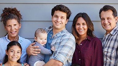 multigenerational family A picture of a young girl and baby surrounded by their parents and grandparents.