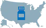 Legal Developments Blue prescription bottle transposed over a map of the continental United States.