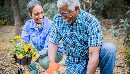 Older couple gardening outside.