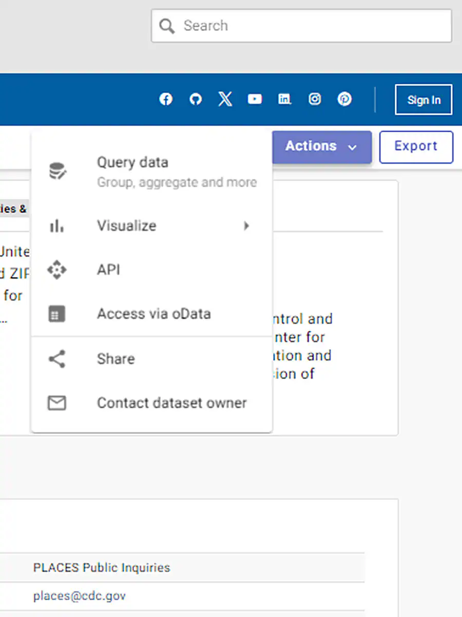 PLACES Data Portal Actions button and menu, including Query data, visualize, API, Access via oData.