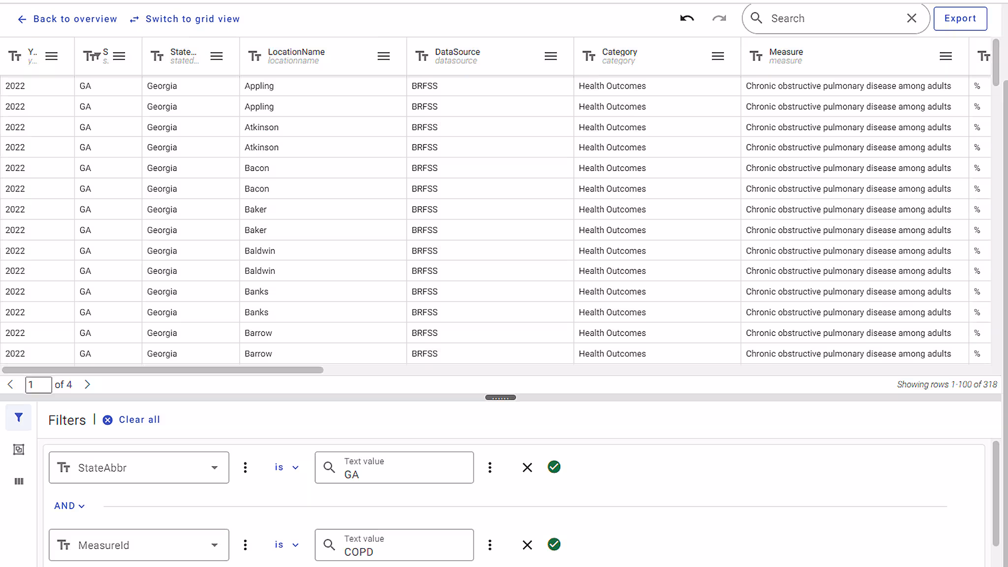 Data view screenshot displays Query filters of data by state (GA) and measure (COPD).