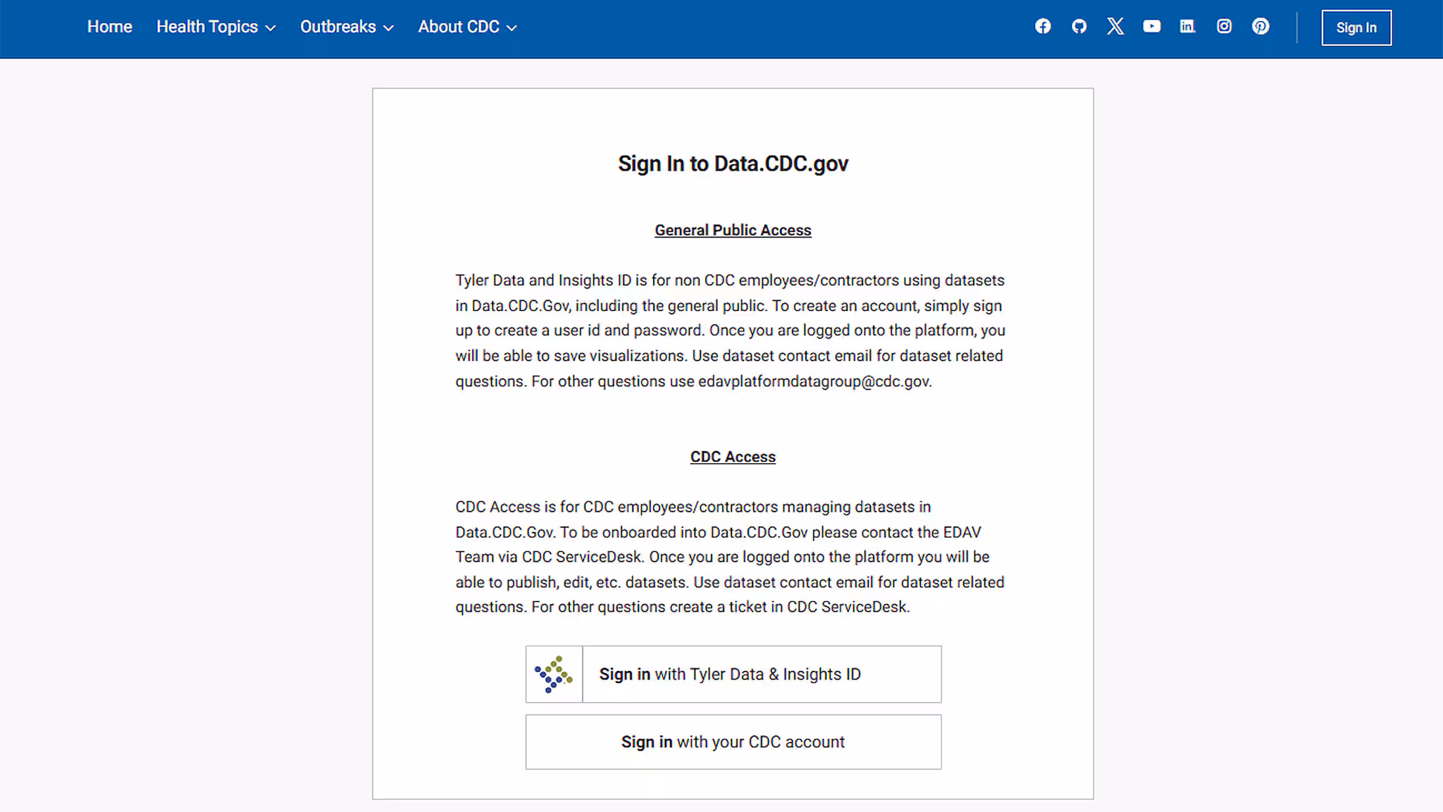 PLACES Data Portal Sign In screen, with either Tyler Data & Insights ID or with your CDC account.