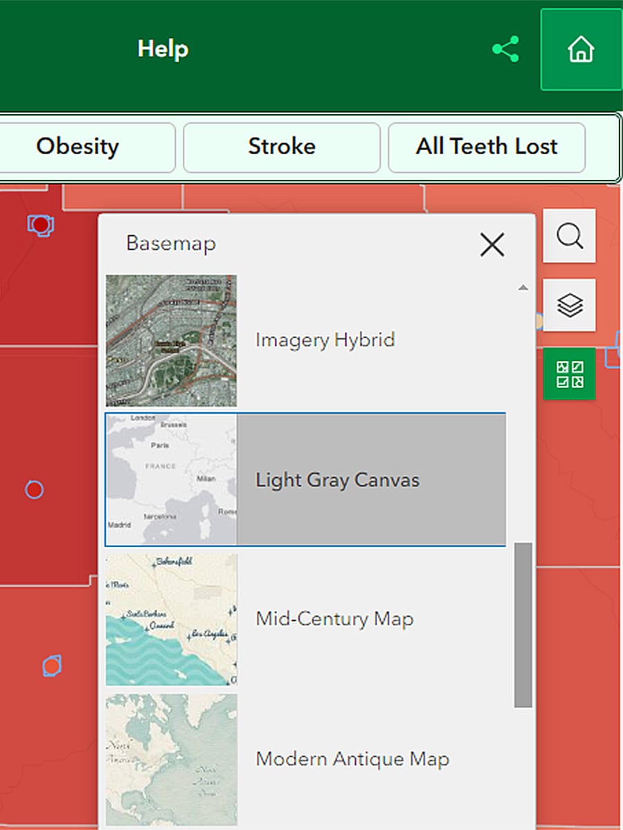 PLACES Map Basemap Selection Basemap window with "Light Gray Canvas" option highlighted in darker gray.