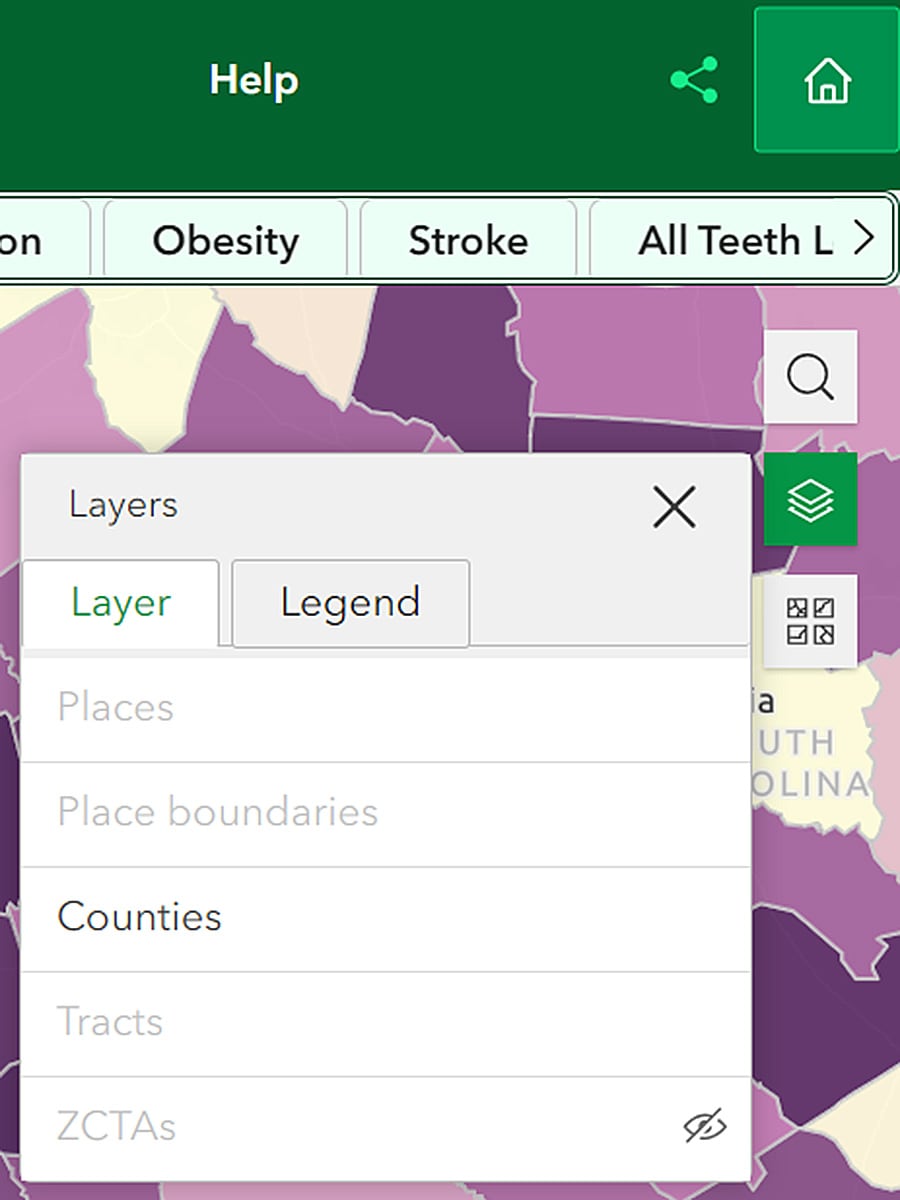PLACES interactive map counties layer Layer/Legend button with Layer tab highlighted, showing counties is selected.