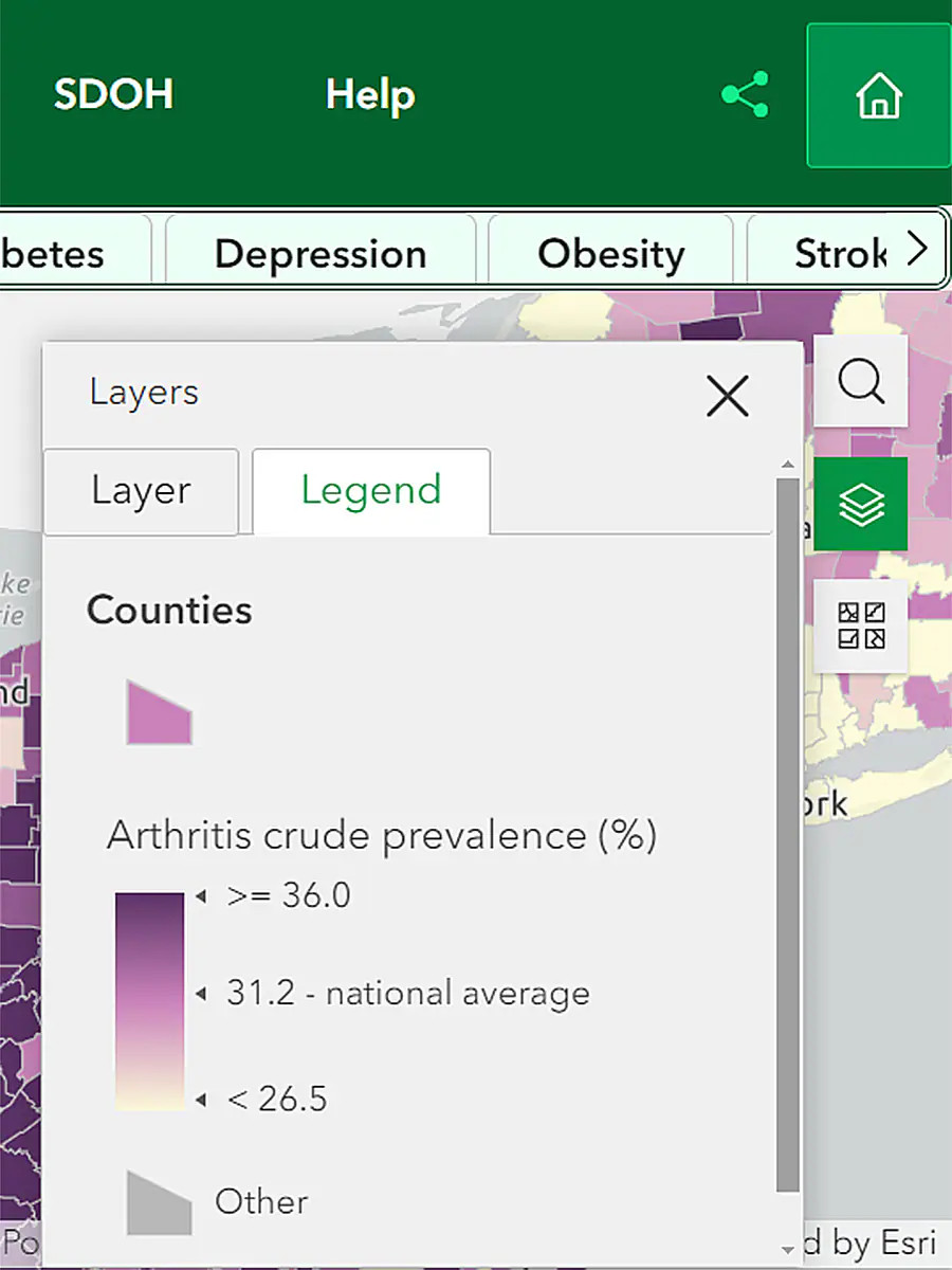 PLACES map legend - county crude prevalence Layer/Legend button with Legend tab highlighted, showing Counties' Arthritis crude prevalence.