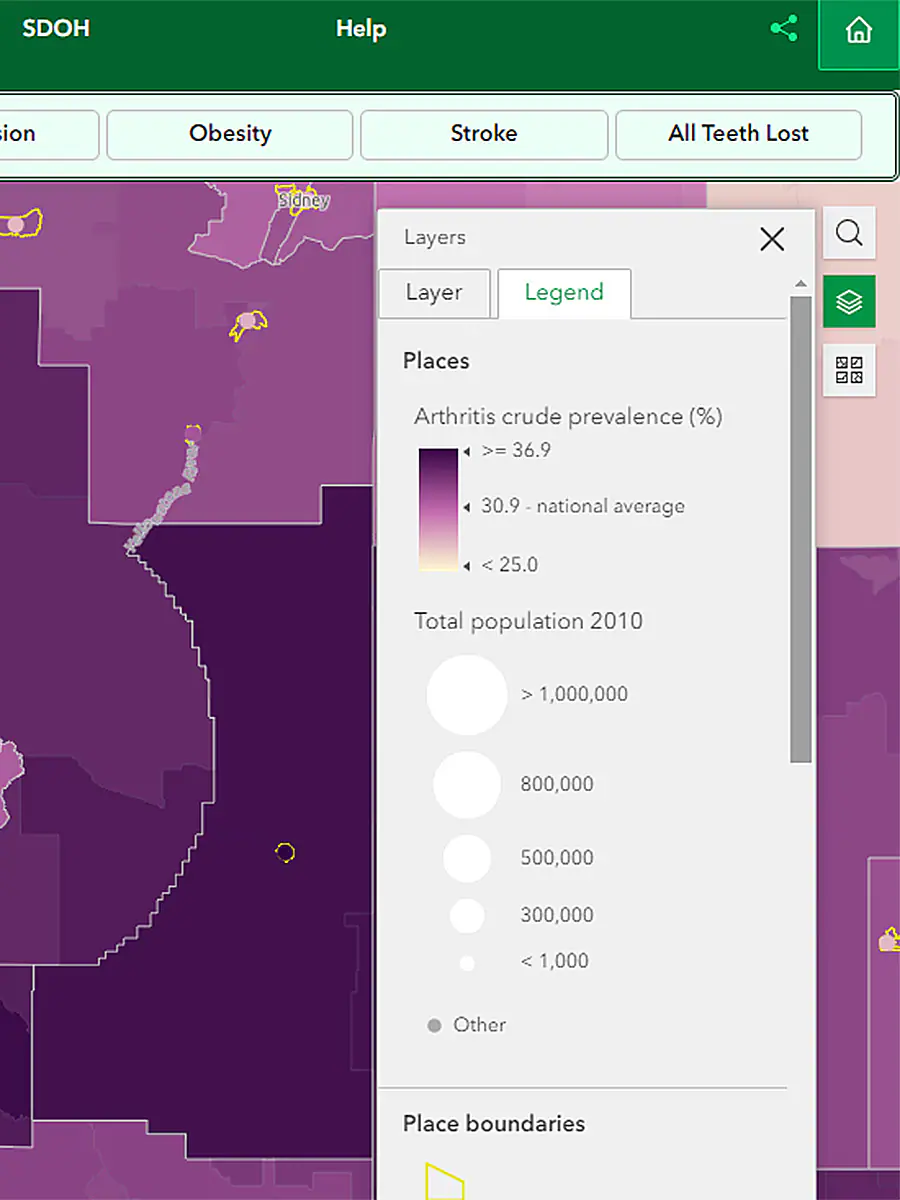 PLACES map legend circles PLACES map with Legend tab selected, showing circle sizes based on 2010 census population.