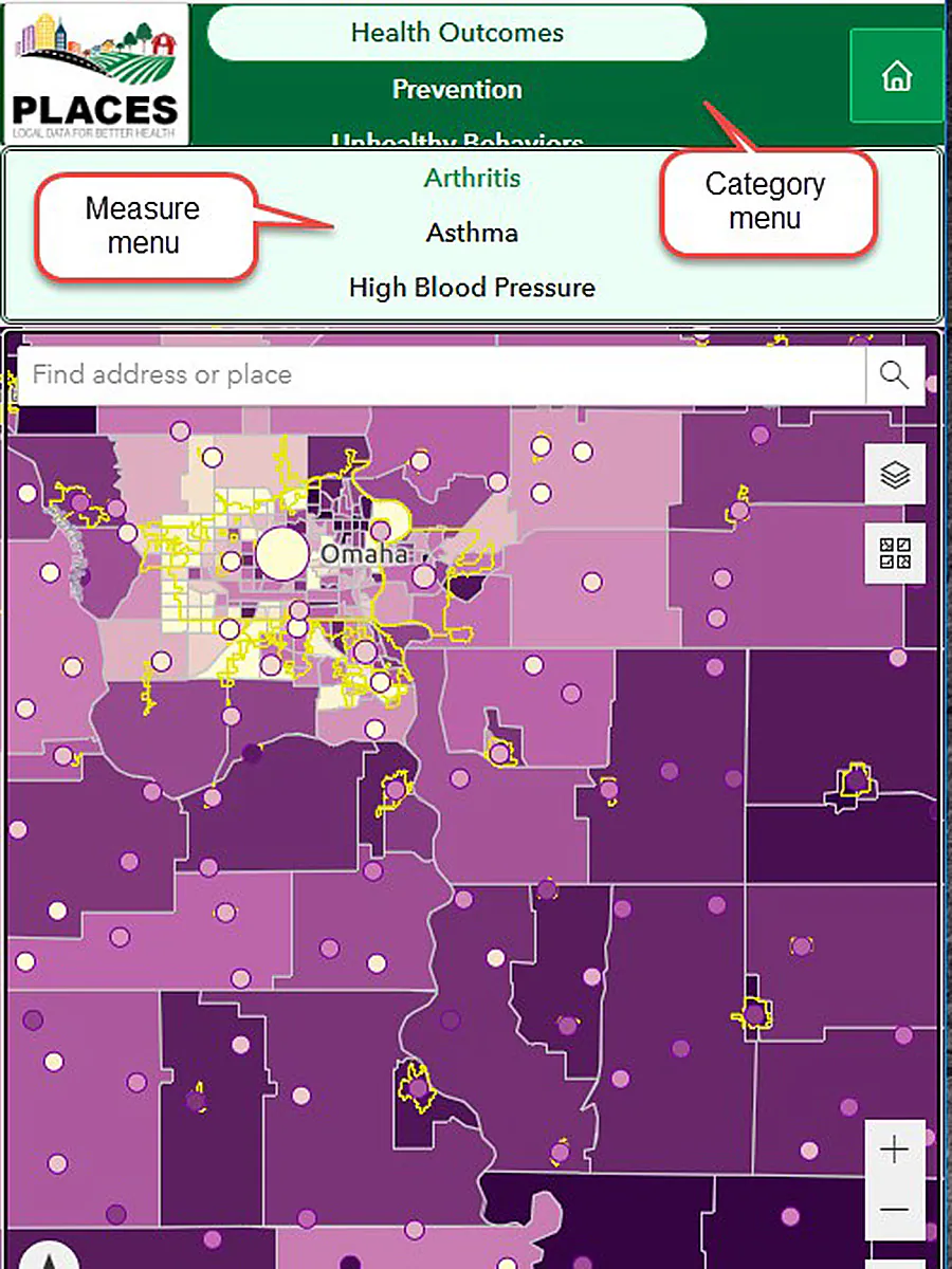 PLACES Map Mobile Explainer Category and Measure menus change to vertical orientation in mobile view.
