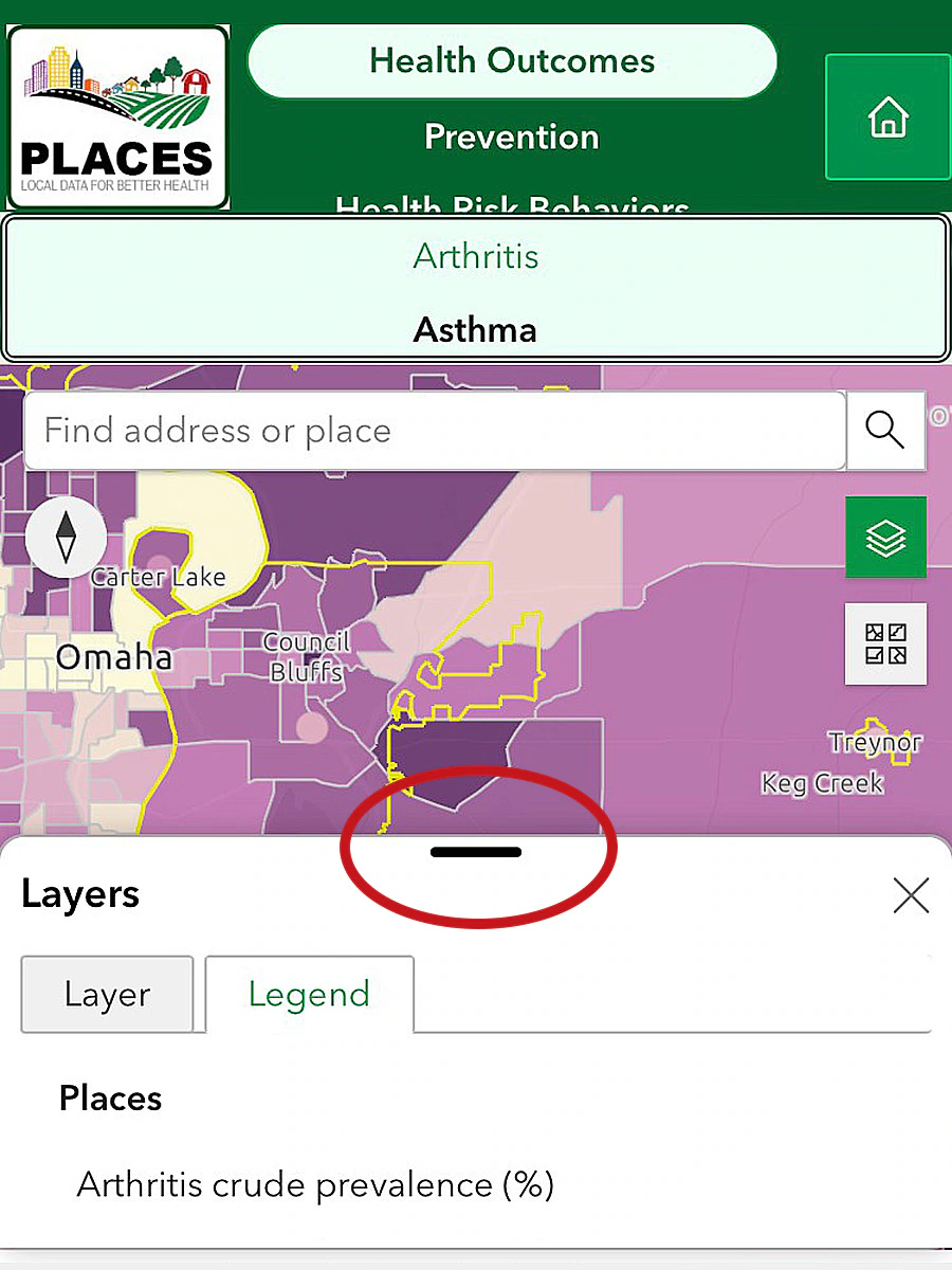 PLACES Map Mobile Legend The Layers and Legend options also appear at bottom on mobile. Pull up on circled bar for details.