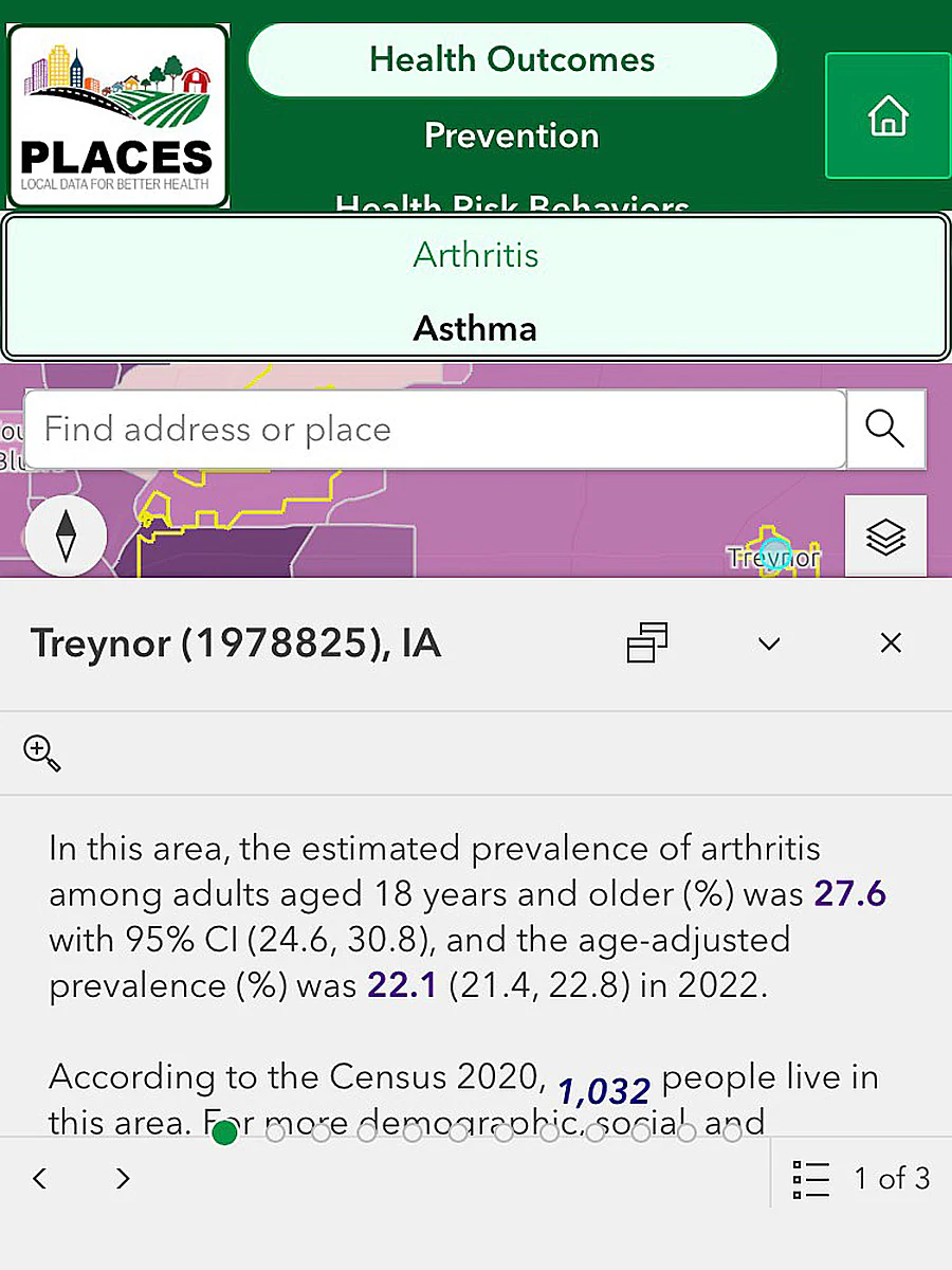 PLACES Map Open Mobile Popup Popup location information opens at the bottom of the screen after clicking the small arrow.