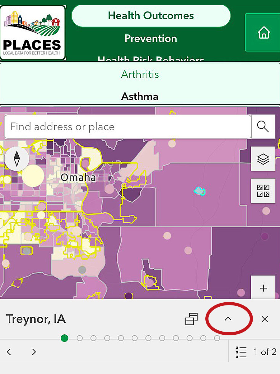 PLACES Map Mobile Popups Location popups appear at the bottom of the screen on mobile. The circled arrow is used to open.