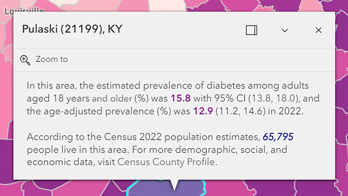 PLACES map Pulaski Popup Pop-up that displays the estimate for the layer/layers visible on a map. Here, diabetes prevalence.