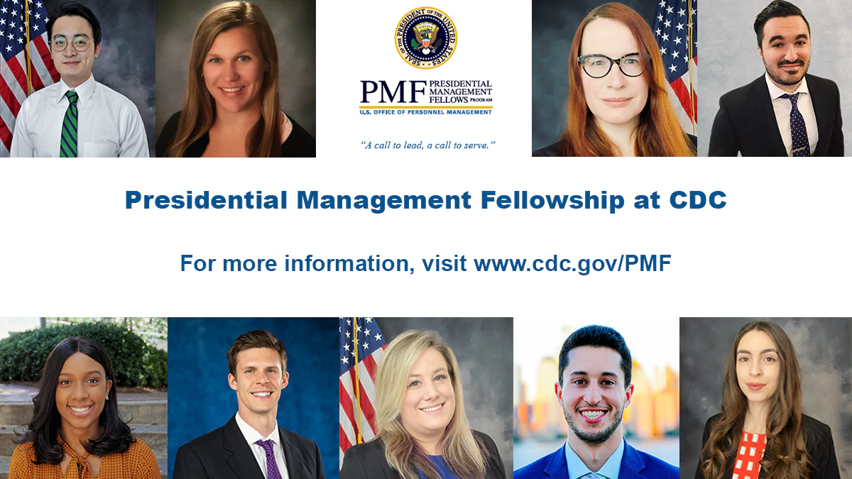 Nine Presidential Management Fellows (PMF) headshots arranged around the PMF logo.