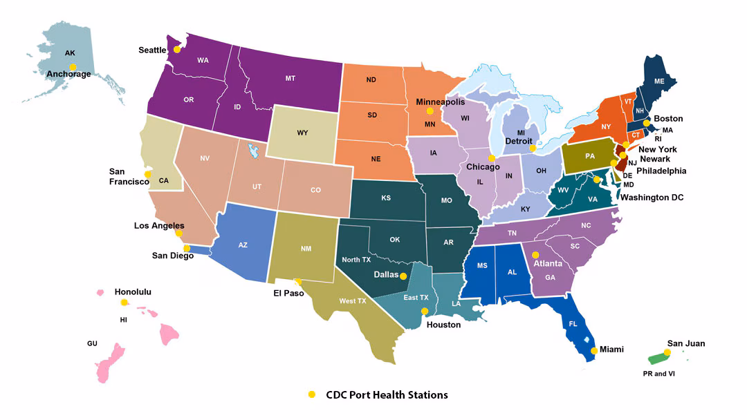 Map of the United States, organized by state/region to show locations of 20 Port Health Stations and their jurisdictions.