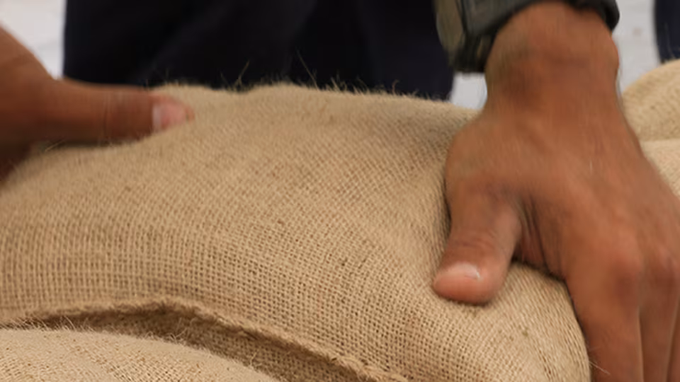 create community Close-up of hands picking up a burlap bag of grain.